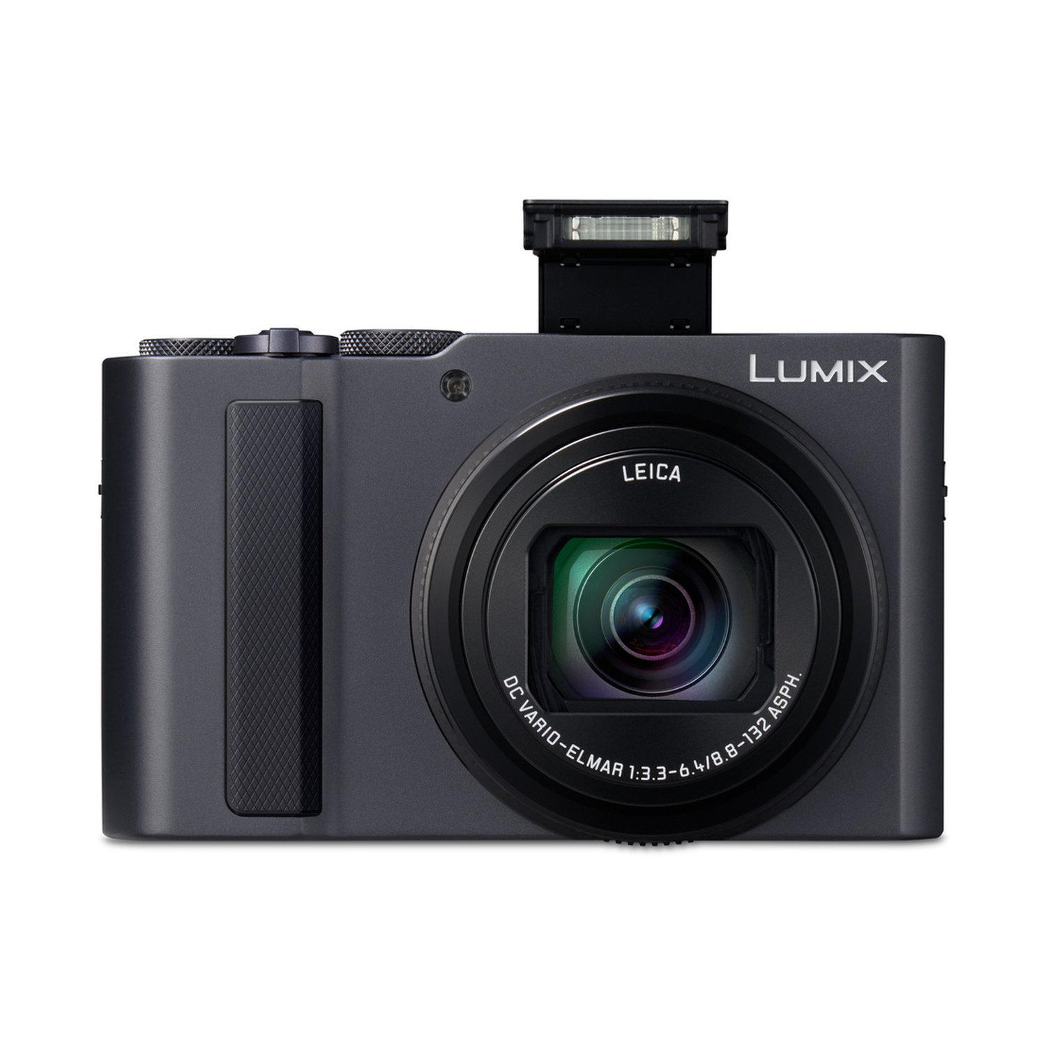 Fotocamera grigia Panasonic Lumix con flash a scomparsa e obiettivo Leica.