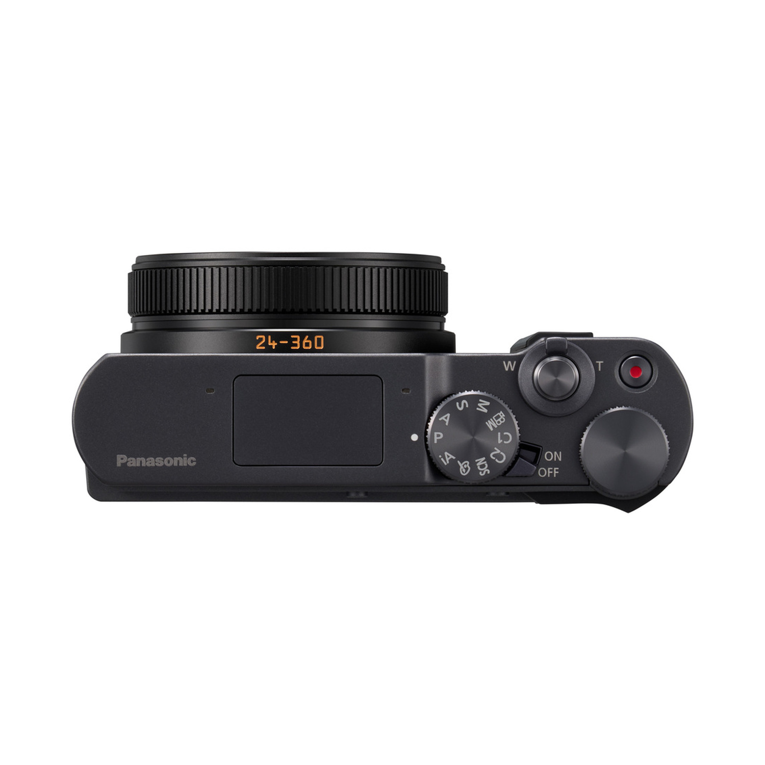 Vista dall'alto di una fotocamera Panasonic nera con controlli zoom e registrazione.
