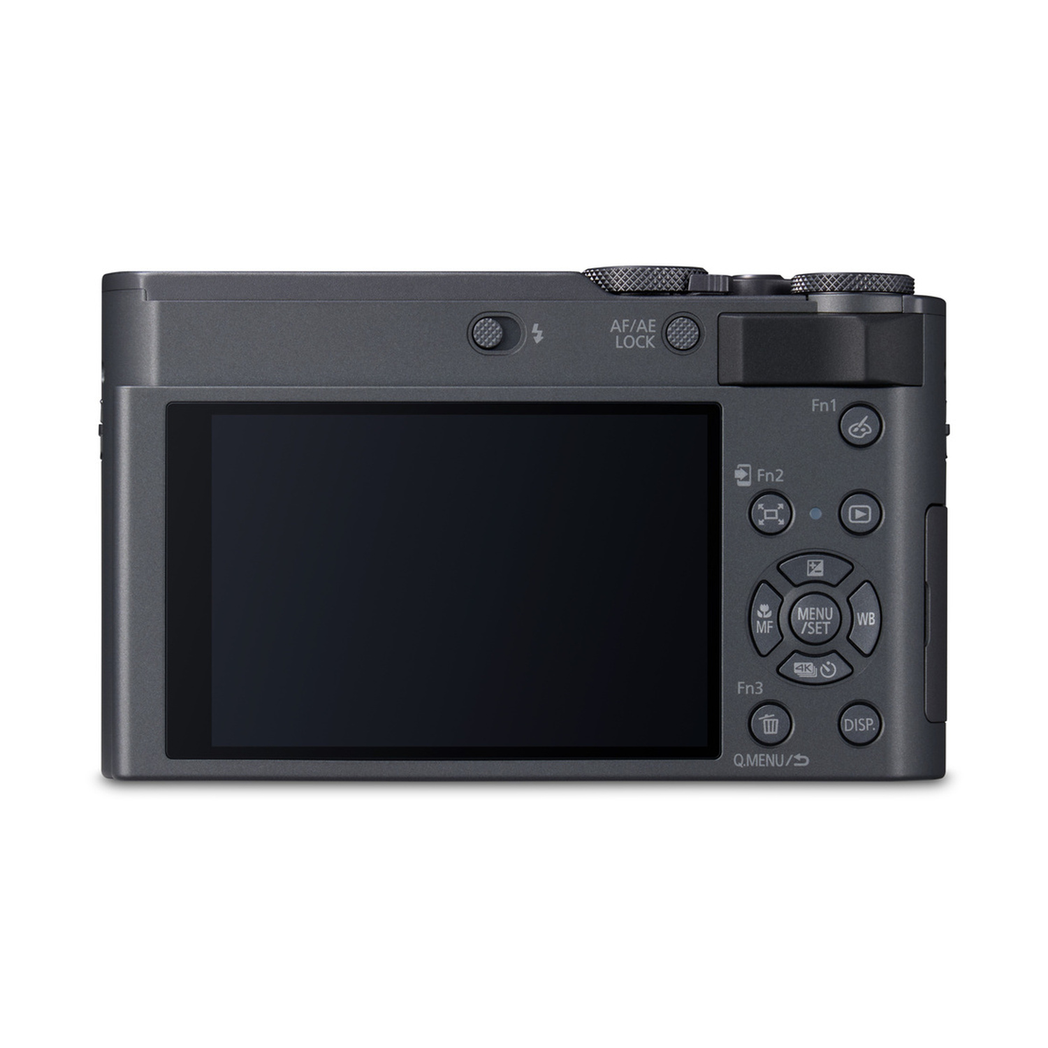 Vista posteriore di una fotocamera digitale grigio scuro con ampio schermo e pulsanti di controllo.