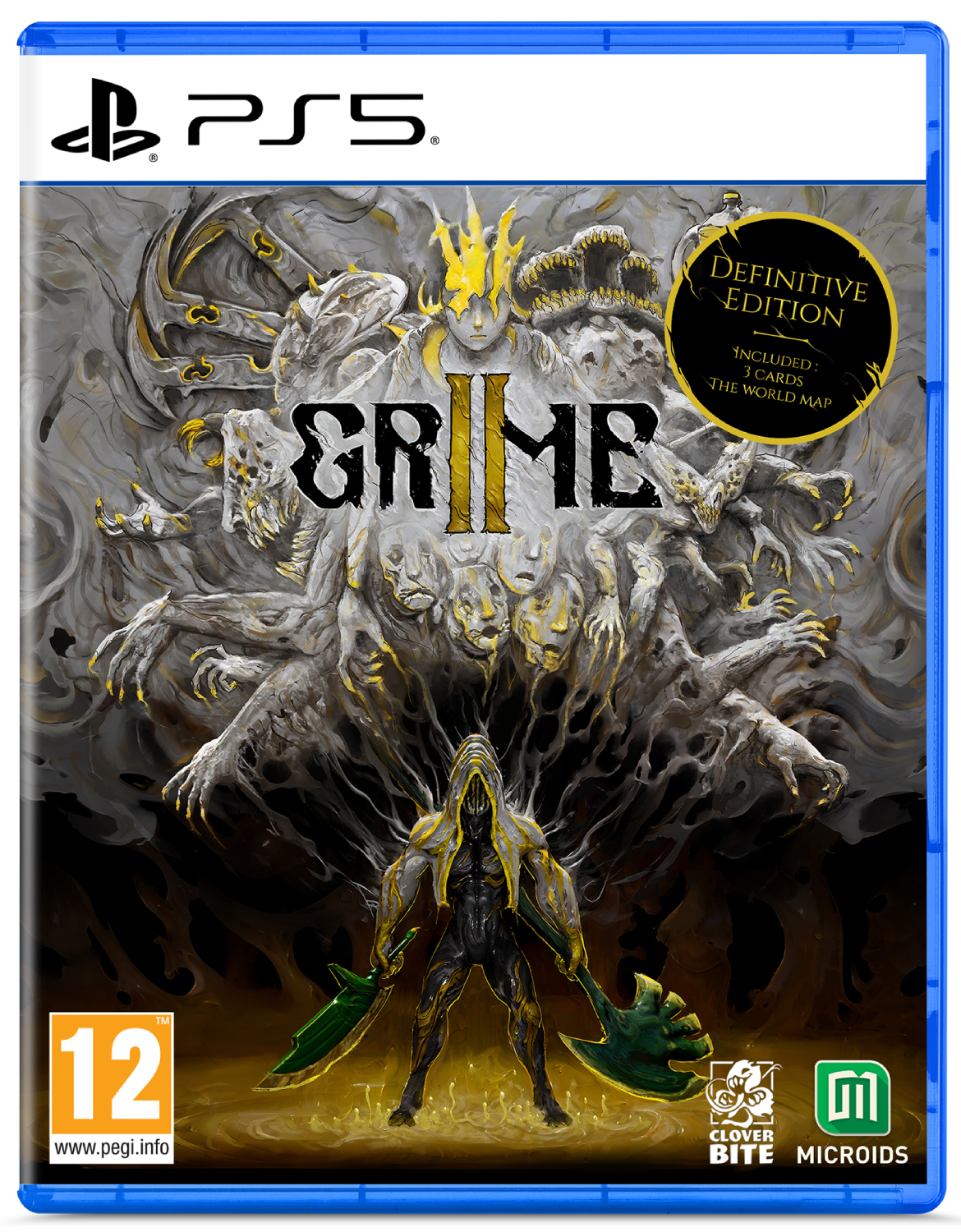 Portada de juego PS5 con figura guerrera y seres grotescos, logo GRIME II.