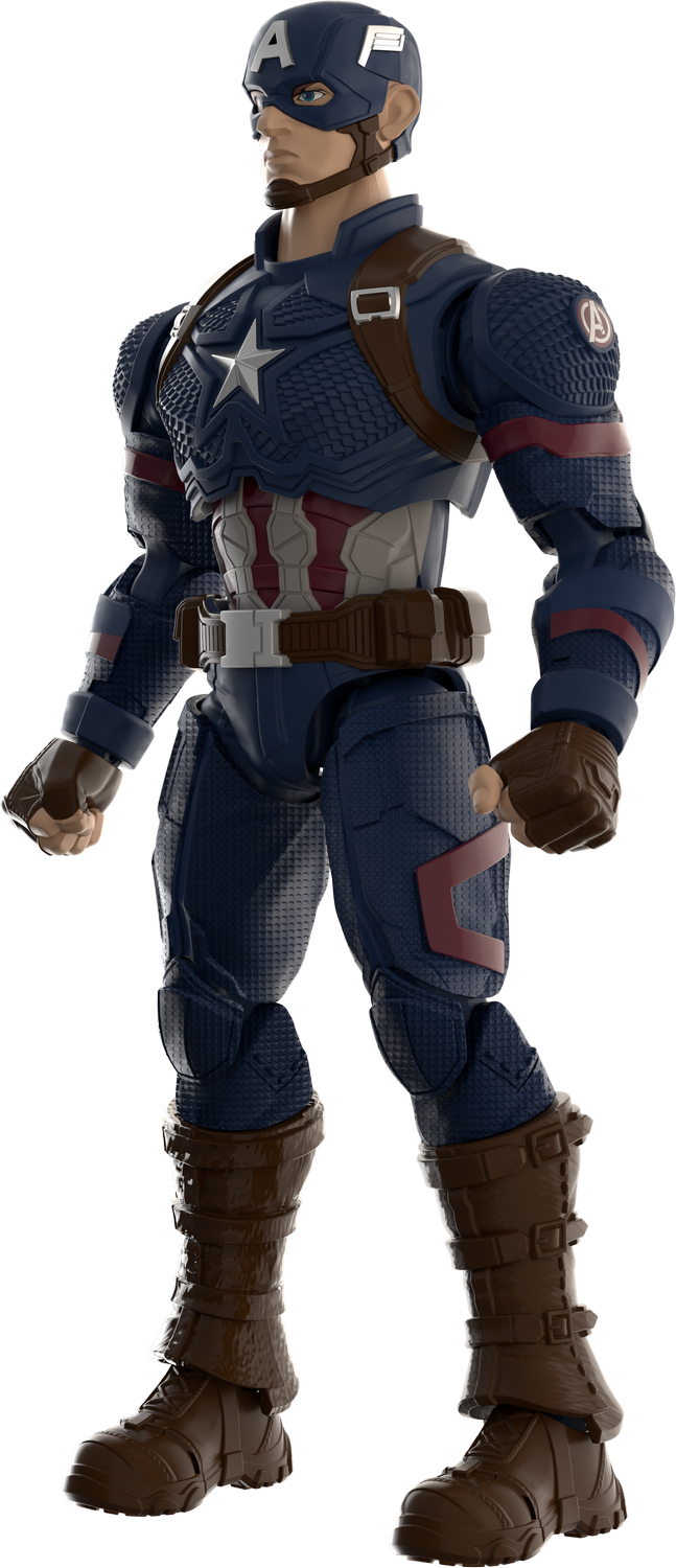 Capitán América con traje azul, emblema de estrella, botas marrones y cinturón.