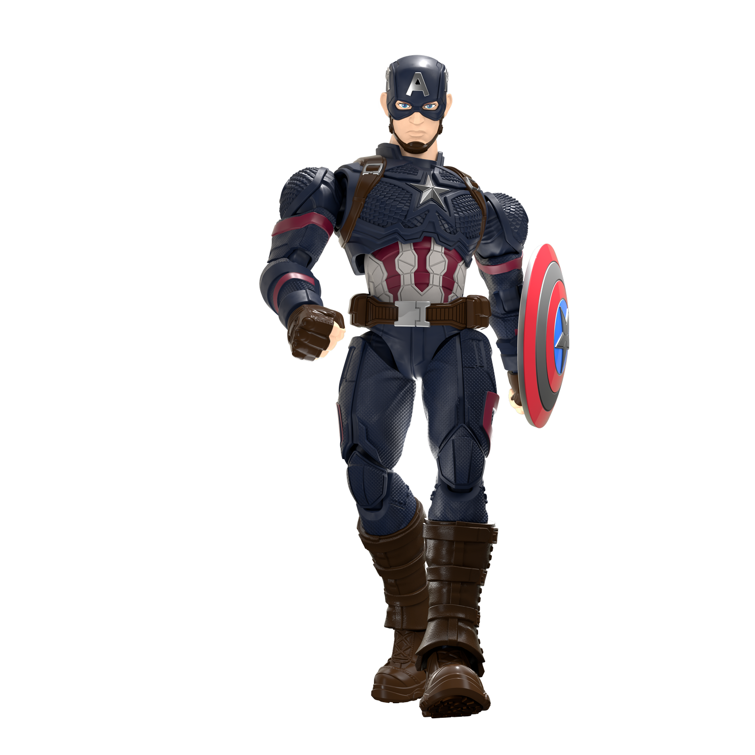 Figura de acción de Capitán América con traje completo y escudo, de pie sobre fondo gris.