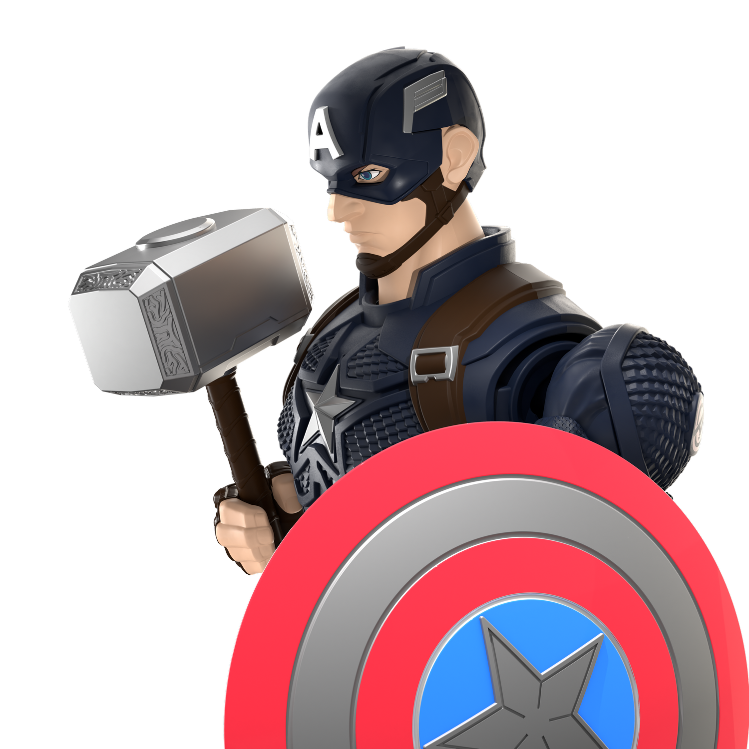Capitán América con uniforme sostiene Mjolnir y su escudo sobre fondo negro.