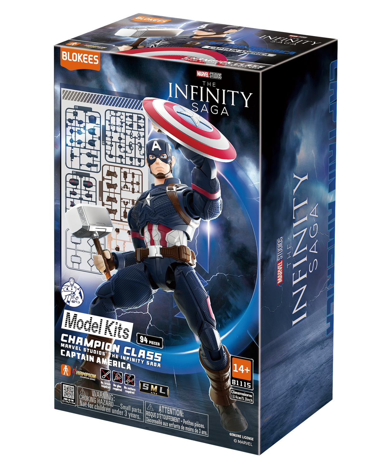 Caja de un kit de modelo del Capitán América con figura, escudo y martillo.