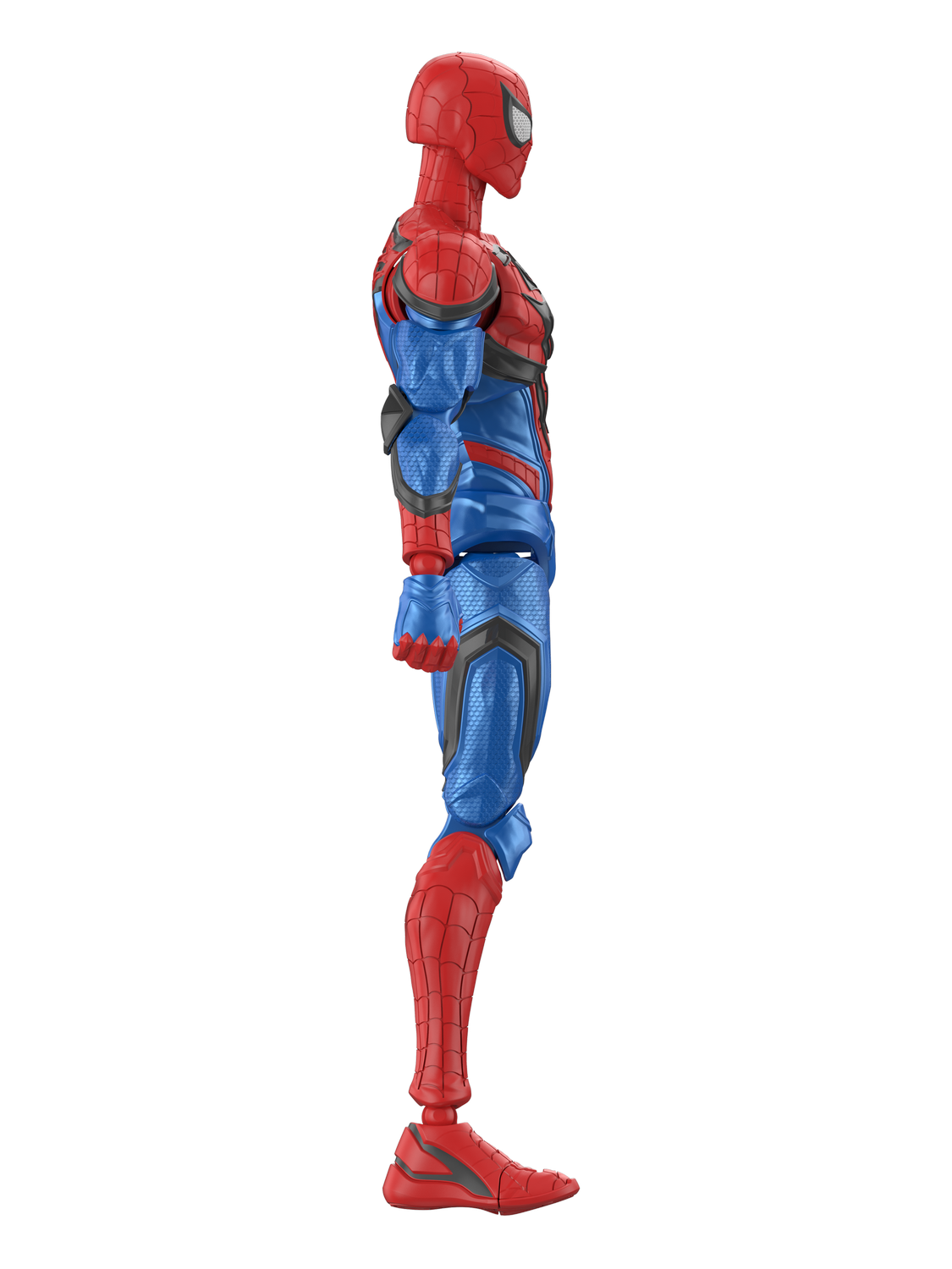 Una figura detallada de Spiderman de perfil, roja y azul, sobre fondo gris.