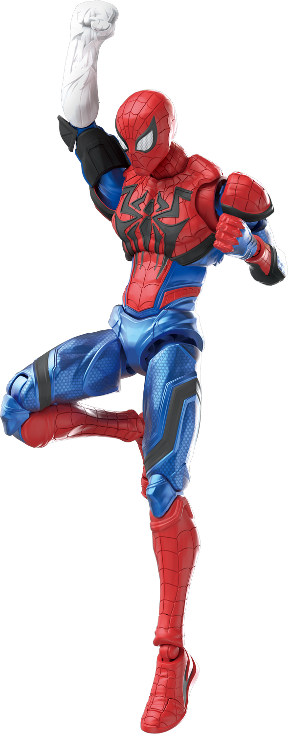 Una figura de acción de Spider-Man con traje rojo y azul, con un puño blanco levantado.