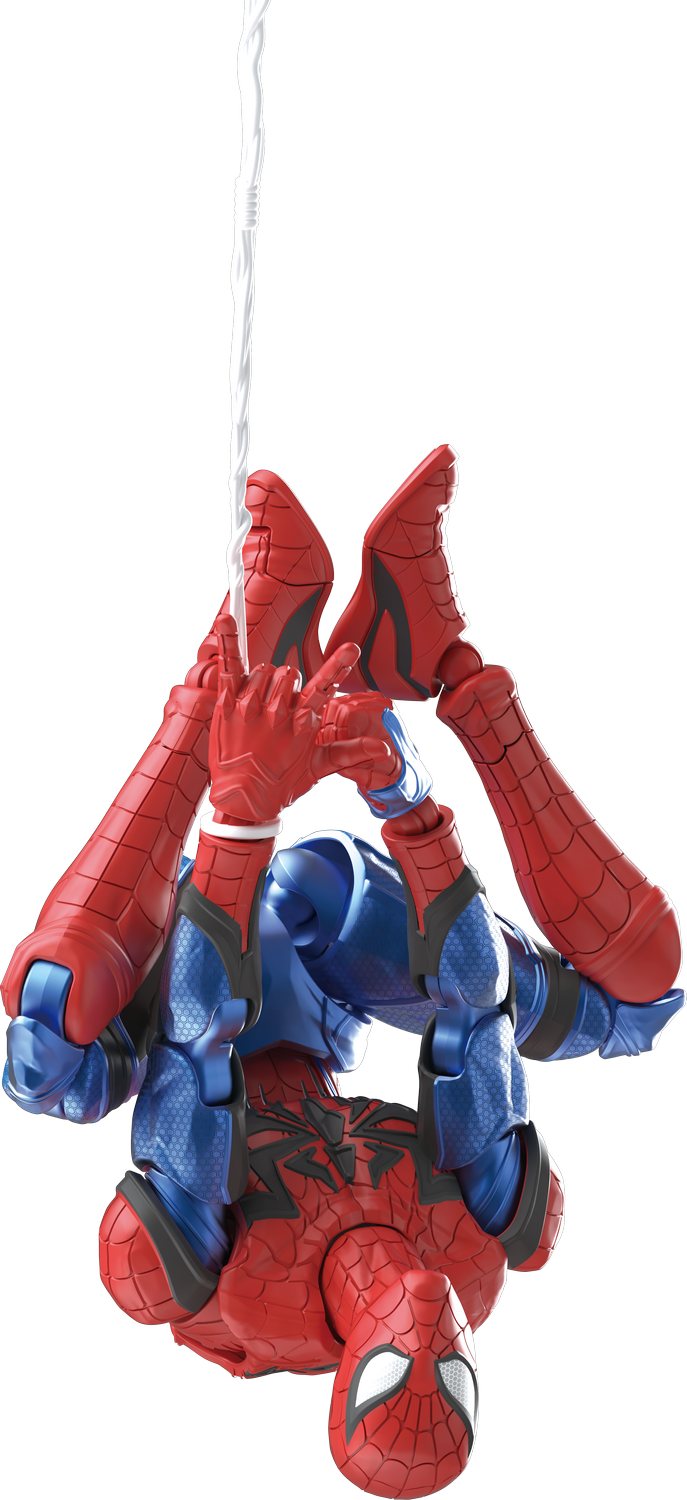 Spiderman cuelga boca abajo de una telaraña blanca, vistiendo un traje rojo y azul con símbolo de araña negro.