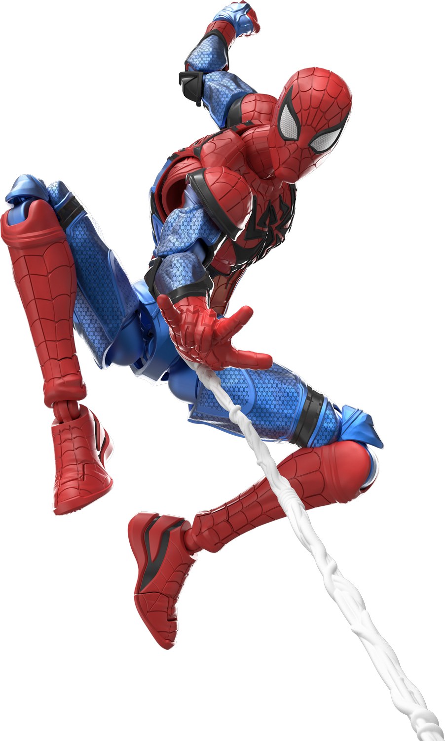 Figura de acción de Spider-Man con traje rojo y azul y telaraña sobre fondo negro.