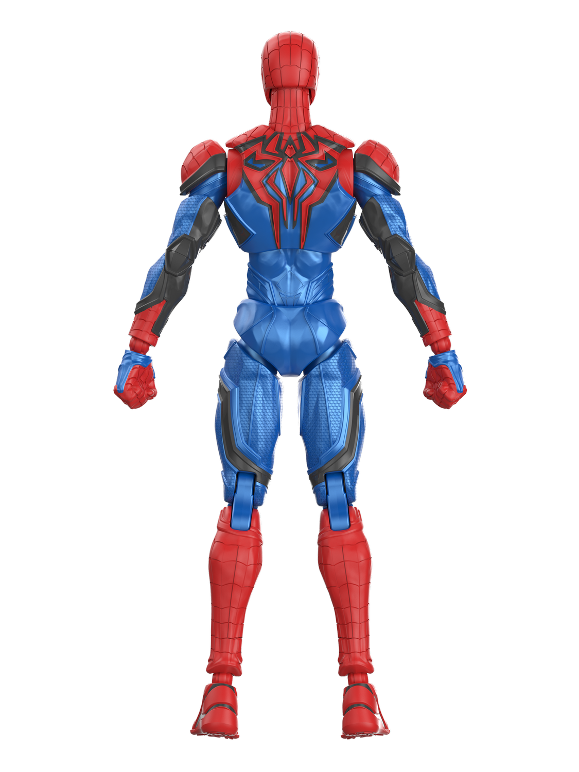 Vista trasera de una figura de acción de Spiderman en rojo y azul con acentos negros.