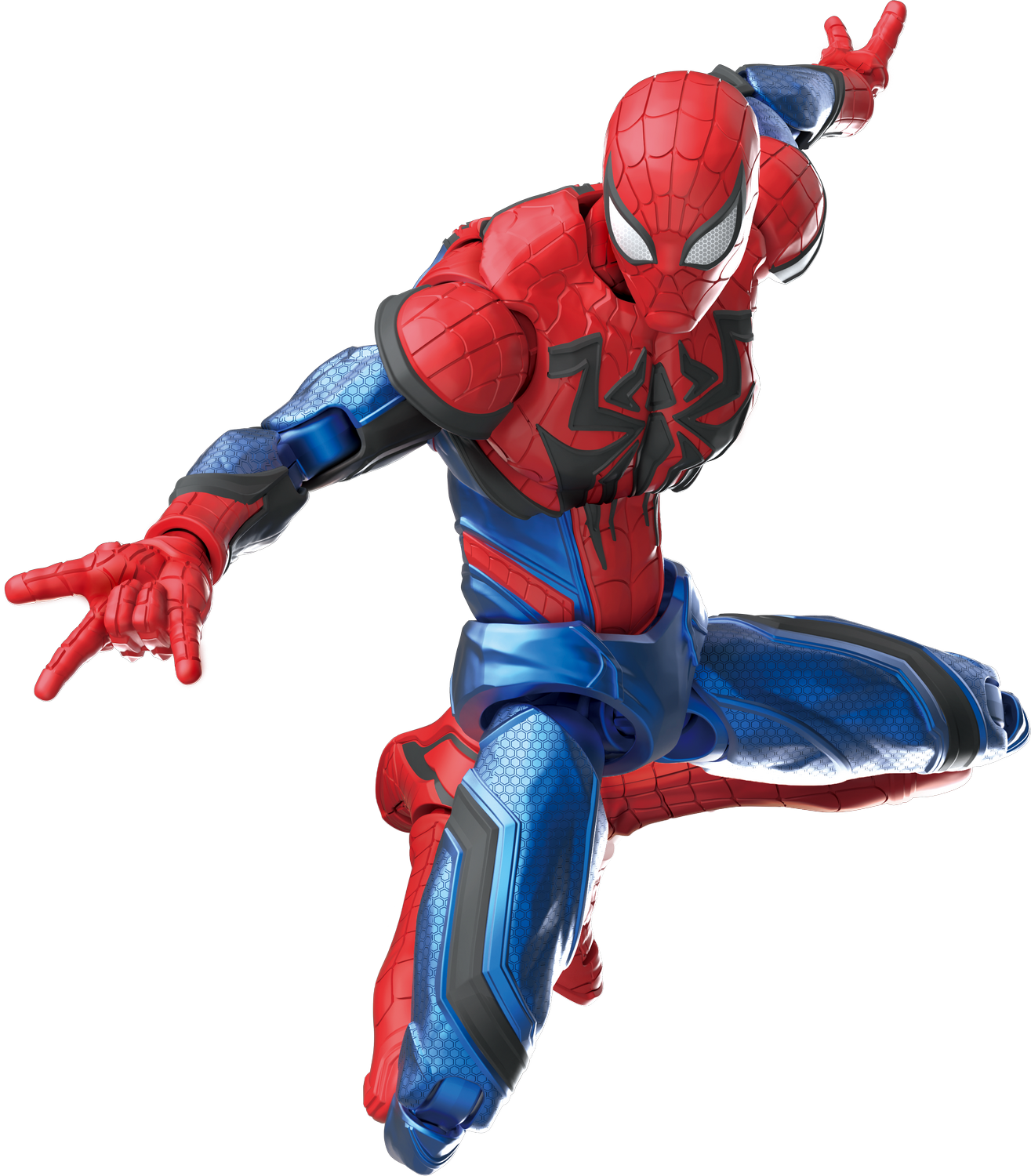 Una figura de acción de Spiderman en rojo y azul con emblema de araña negro.