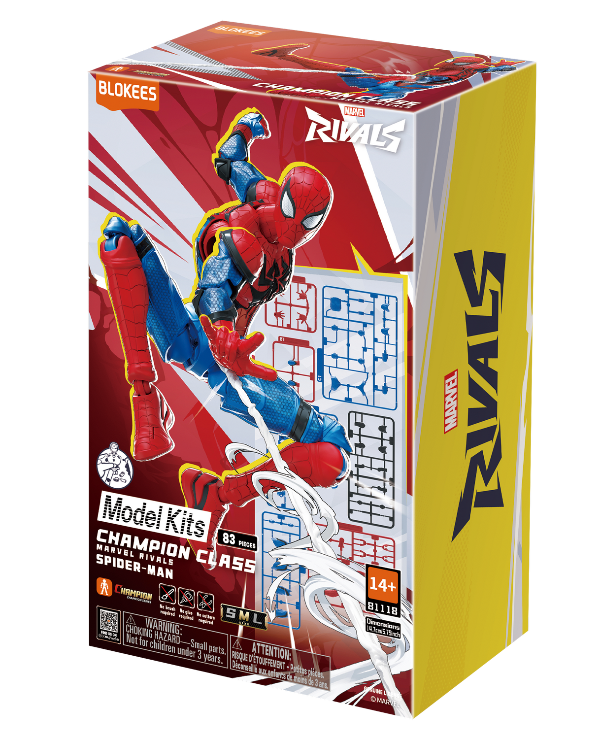 Caja de un kit de modelo de Spiderman, con figura de Spiderman, piezas y recomendación de edad 14+.