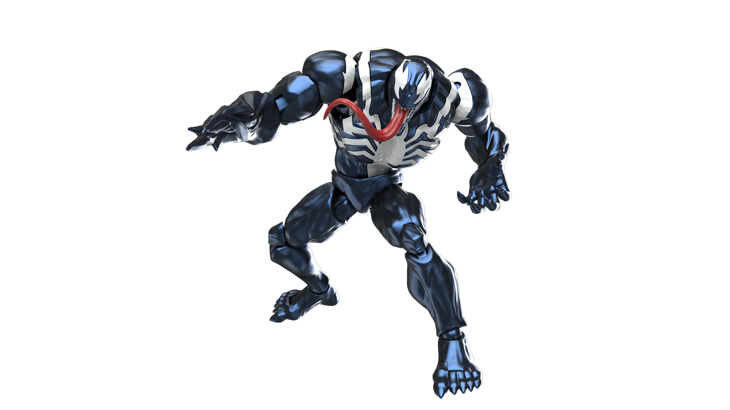 Figura de Venom con traje negro, lengua roja, logo blanco, sobre fondo gris.