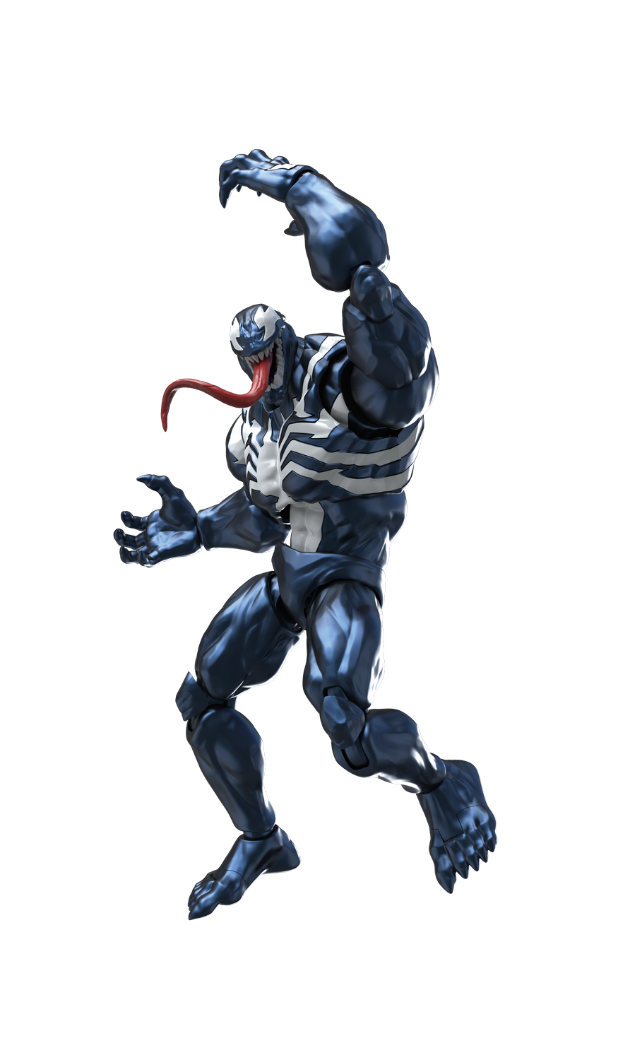 Una figura de Venom azul oscuro con rayas blancas y lengua roja, mostrada sobre fondo gris.