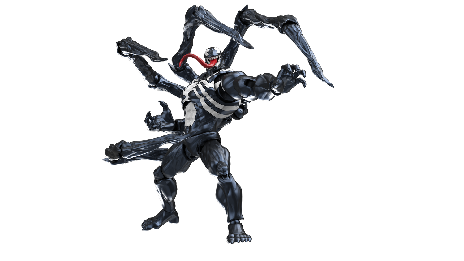 Figura de Venom con seis brazos y lengua roja, sobre fondo gris.