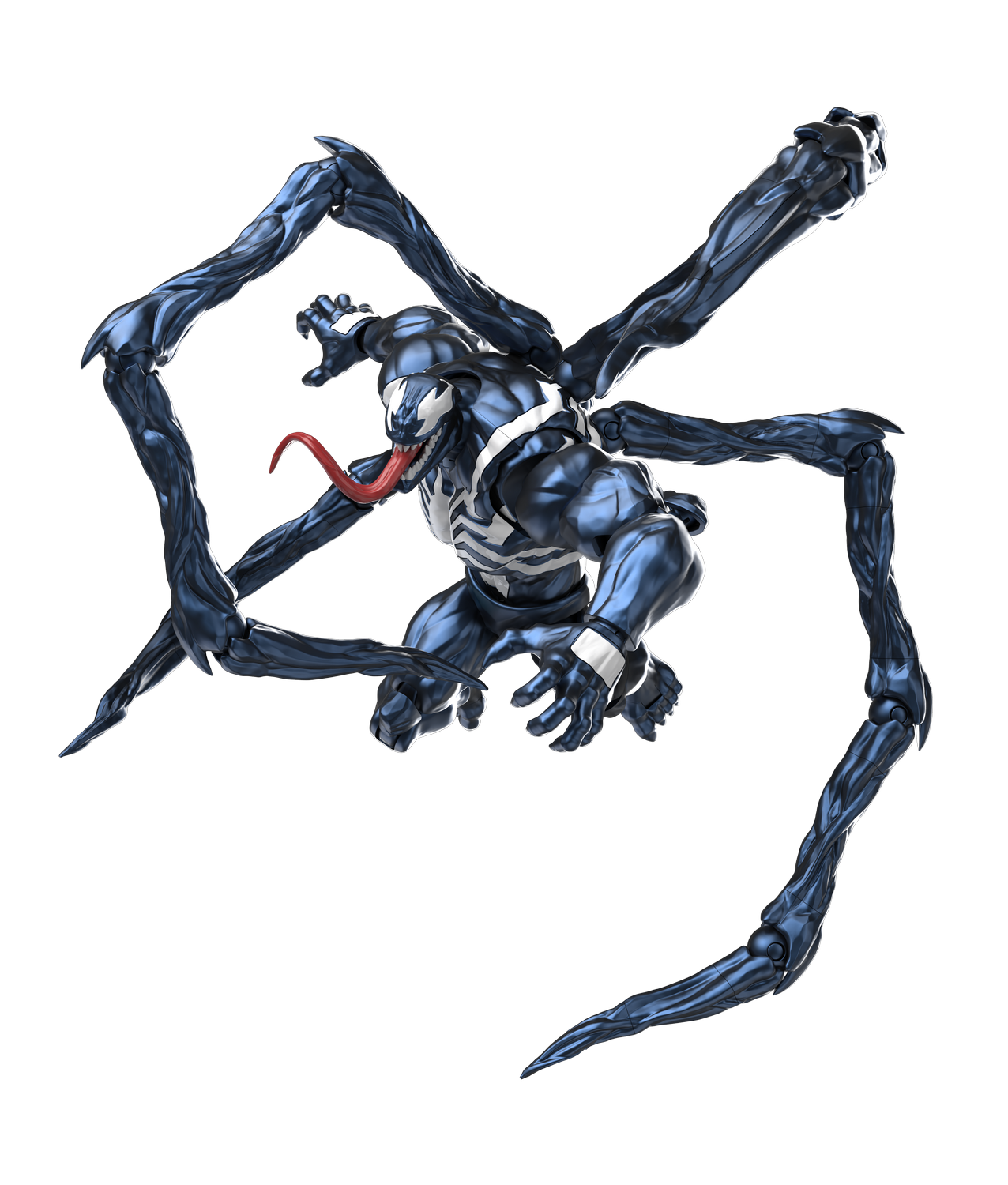 Venom con ocho extremidades, traje negro con logo de araña blanco, lengua roja.