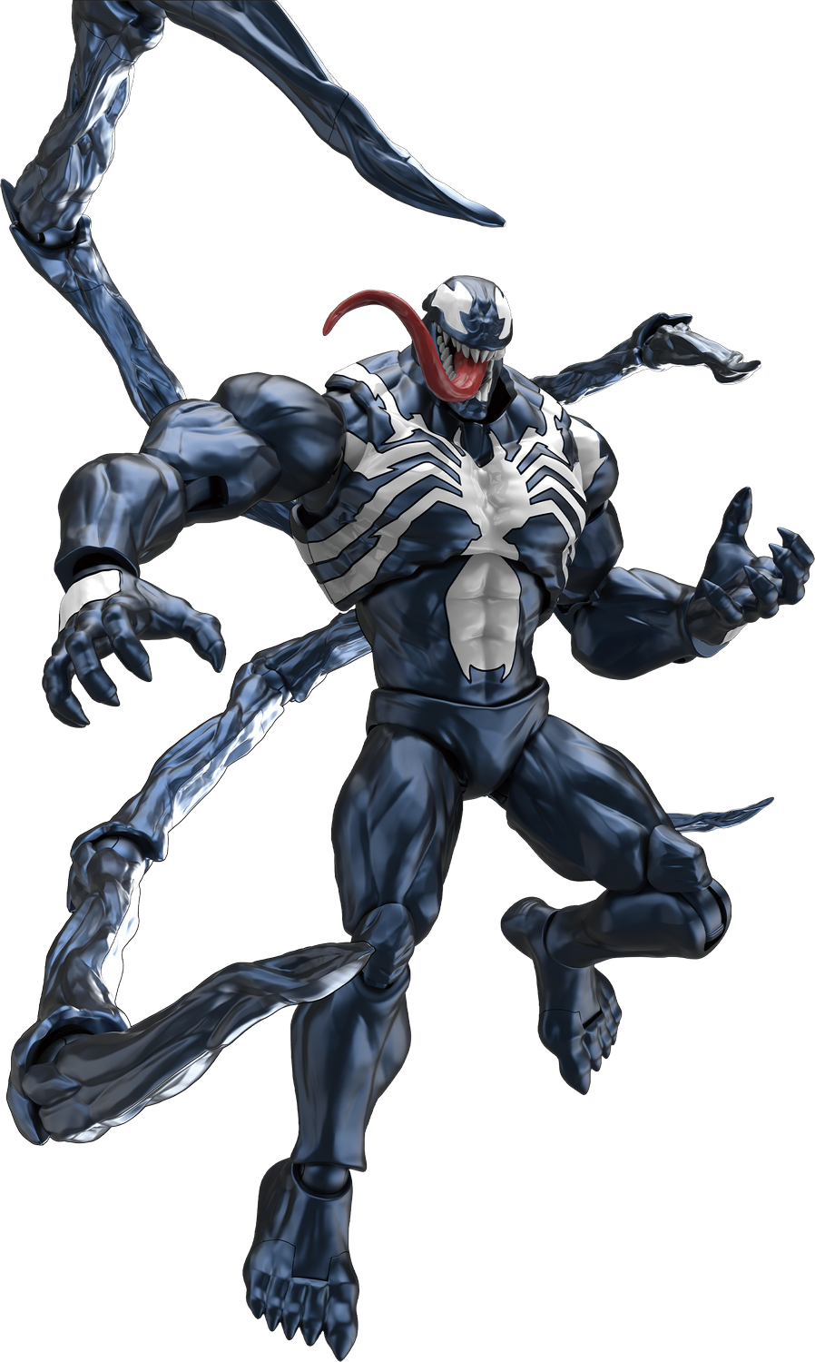 Figura de Venom con traje azul y símbolos blancos, lengua fuera.