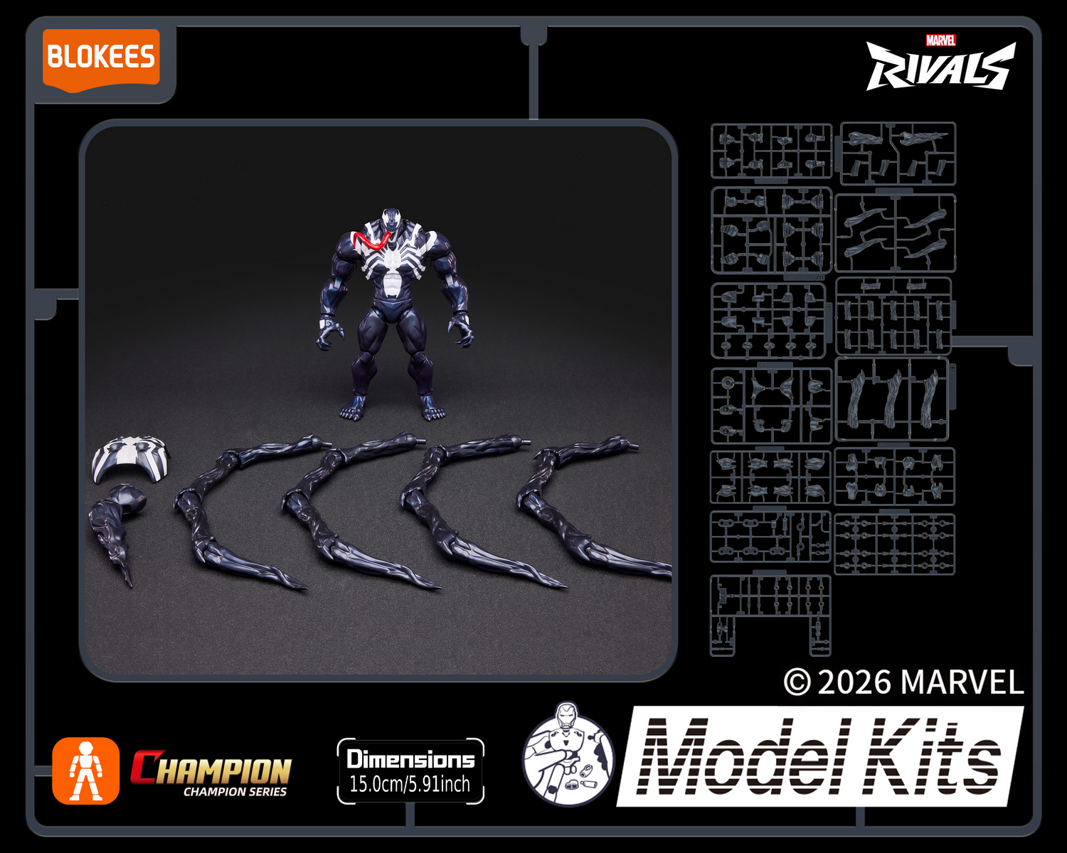 Figura de Venom con tentáculos y piezas en marcos de inyección.