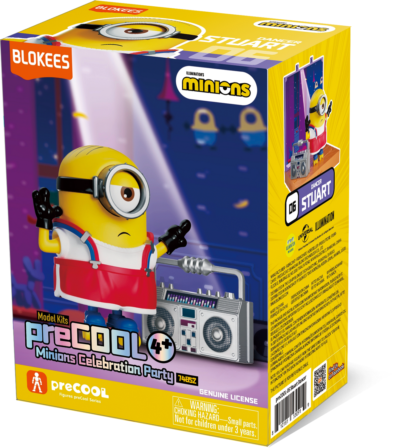 Caja de un kit de figura de Minions Stuart Bailarín con un Minion y un boombox.