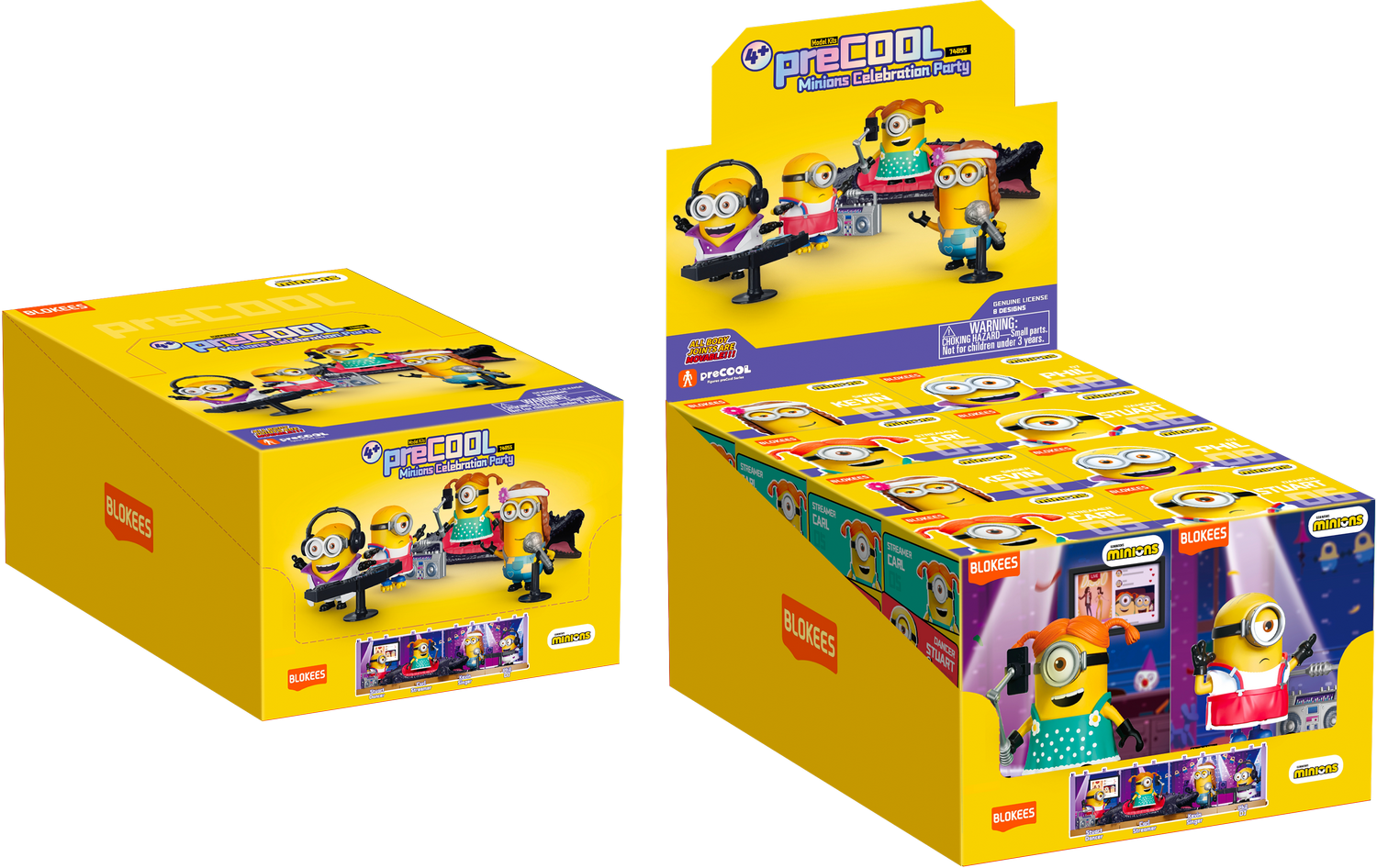Cajas amarillas de Minions con figuras e instrumentos musicales para una fiesta.