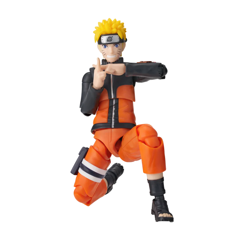 Figura de acción de Naruto con traje naranja y negro, arrodillado con las manos en gesto.