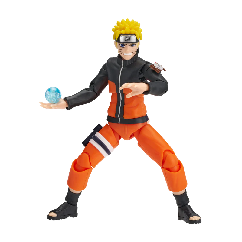Naruto sostiene una pelota azul. Viste ropa naranja y una chaqueta negra.