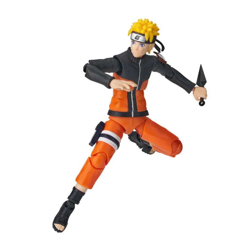 Figura de acción de Naruto Uzumaki con traje naranja y negro, sosteniendo un shuriken.