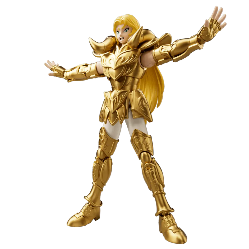 Figura de armadura dorada con cabello rubio y cuernos en el casco.