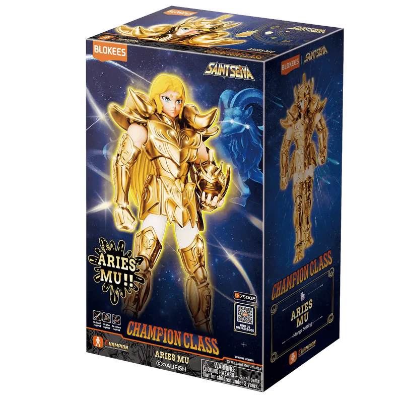 Caja de una figura de acción dorada Aries Mu Champion Class de Saint Seiya.