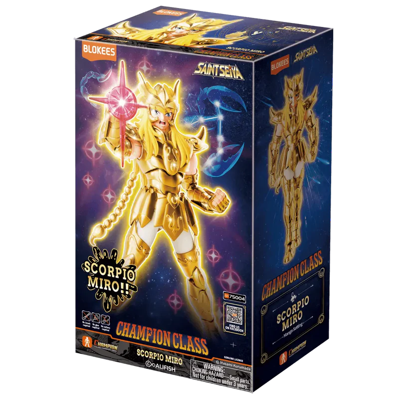 Caja de una figura de acción de Scorpio Miro de Saint Seiya en armadura dorada.