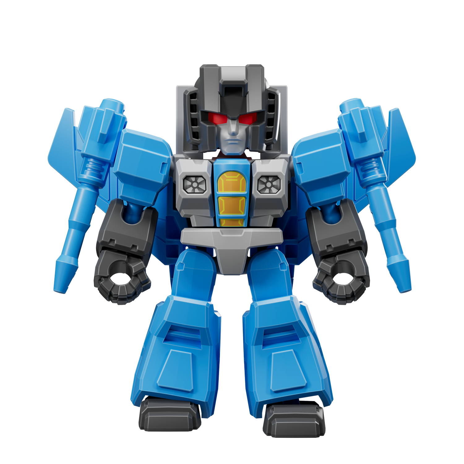 Un robot Transformer azul y gris con ojos rojos y placa pectoral amarilla está de pie.