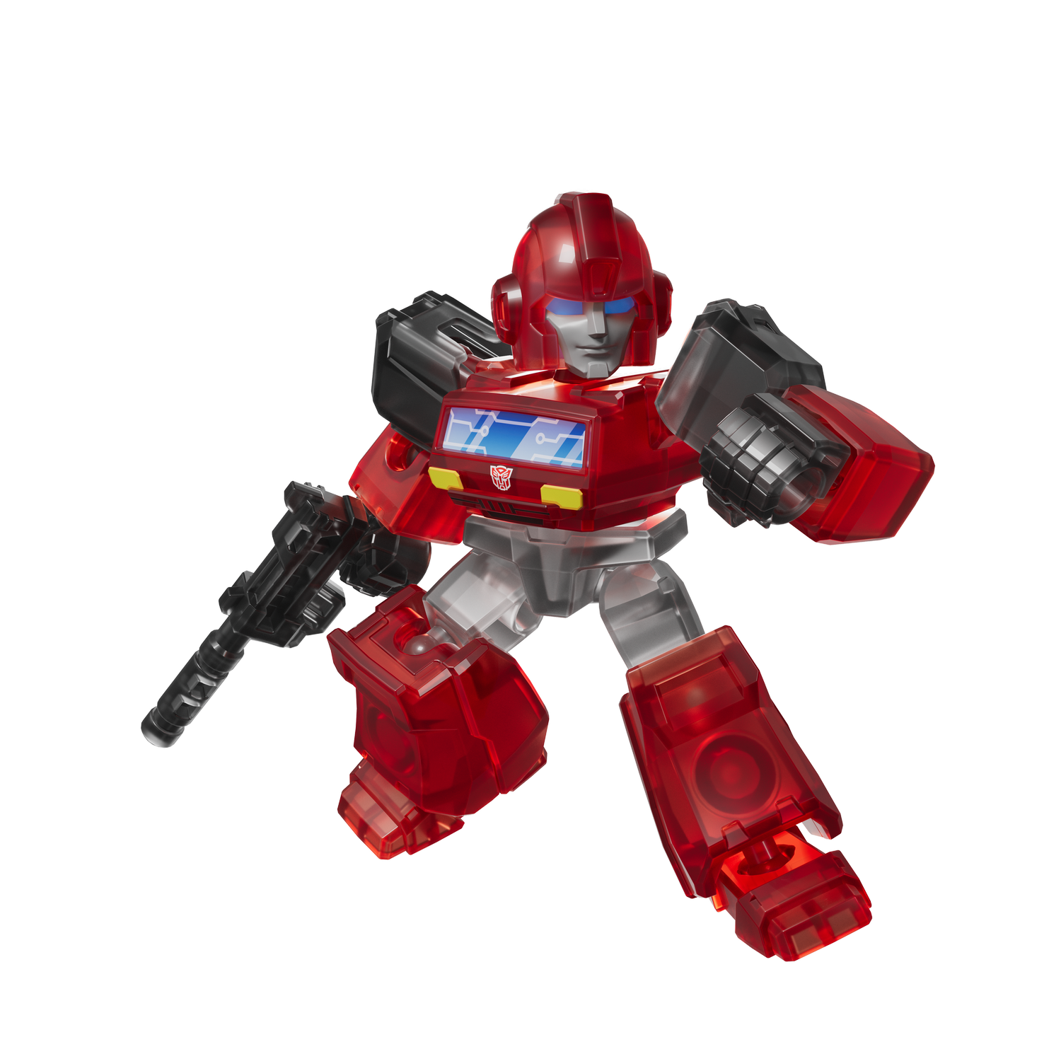 Un robot rojo transparente con ojos azules sostiene un arma, sobre fondo negro.