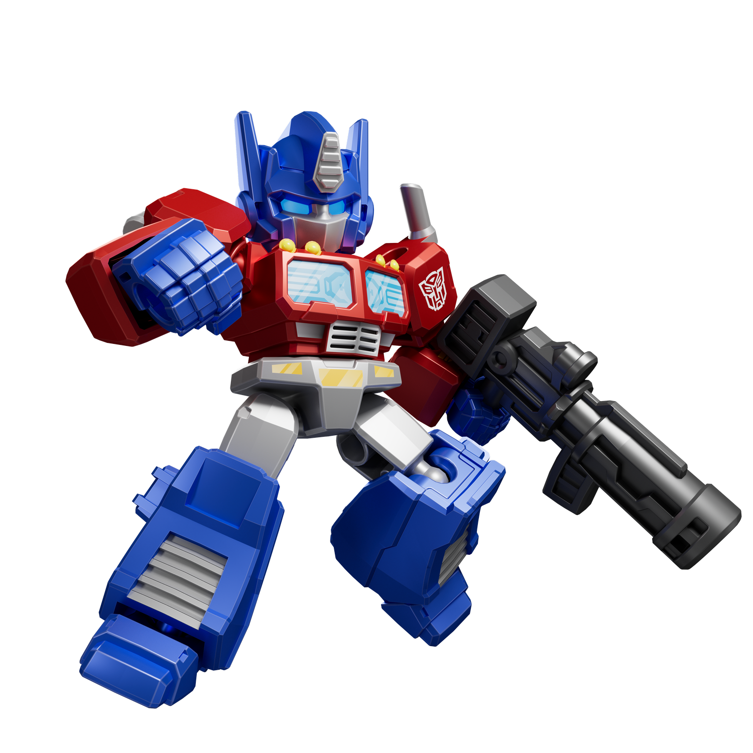 Un robot de juguete Optimus Prime rojo y azul sostiene un arma negra.