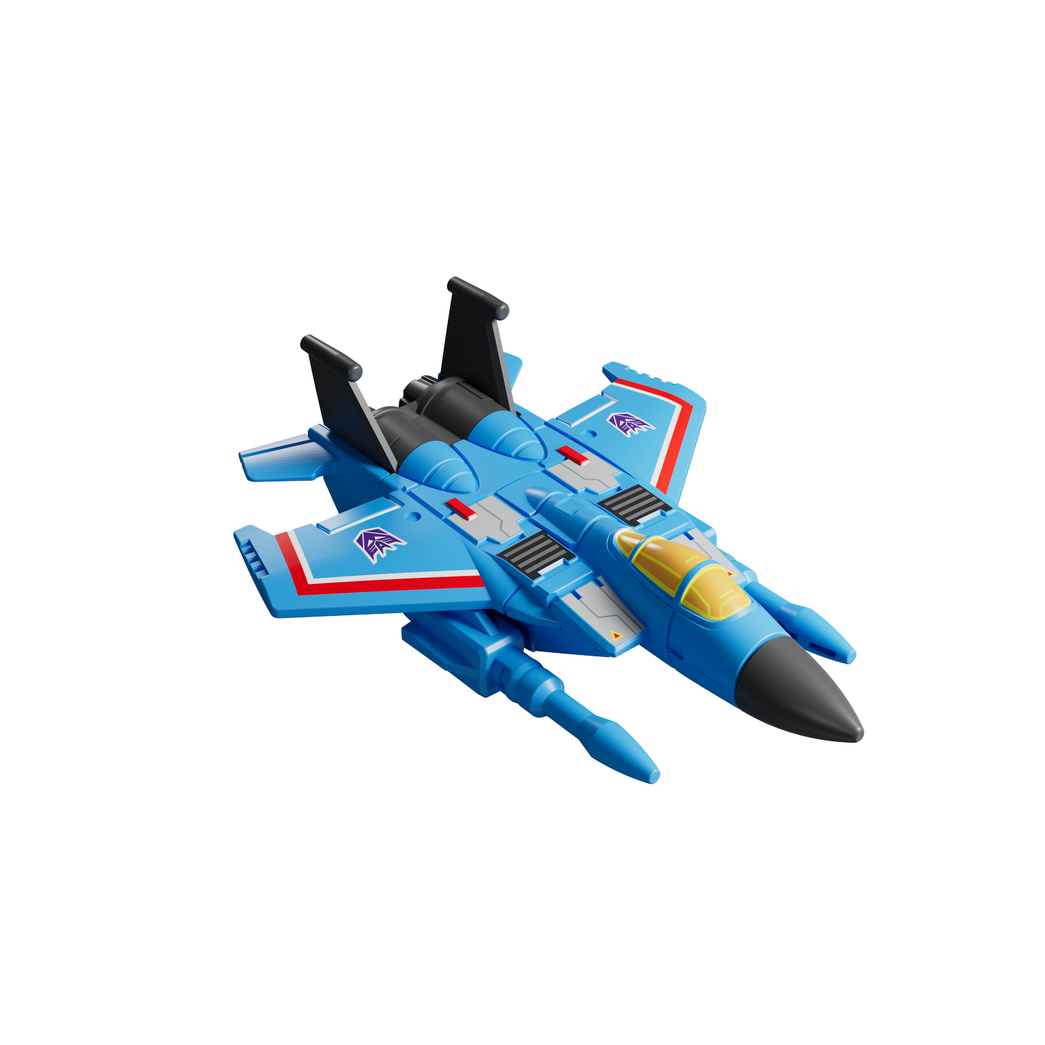 Un juguete de avión de combate azul con cono de nariz negro y cabina amarilla.