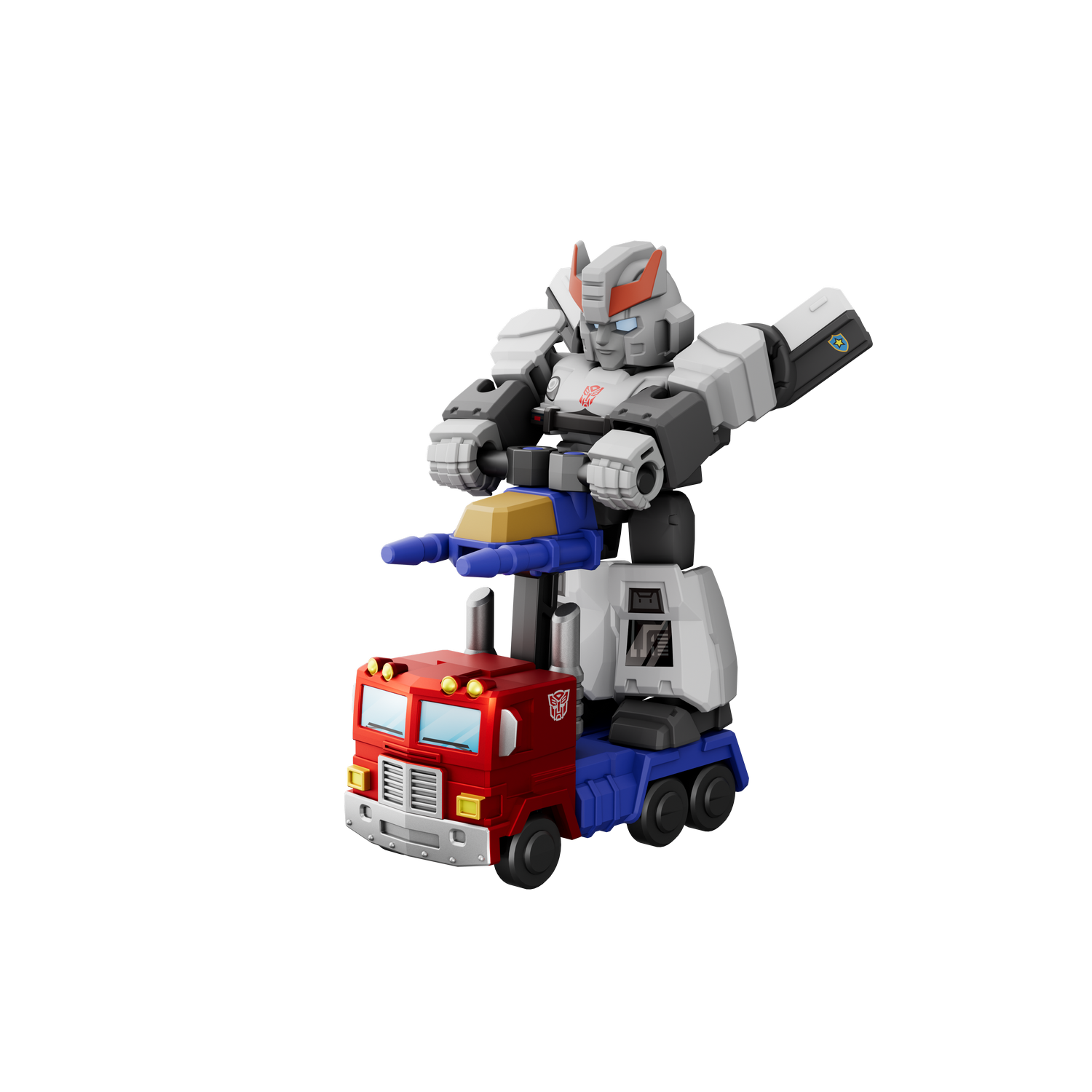 Robot blanco y gris con acentos naranjas sobre un camión rojo y azul con cañones azules.