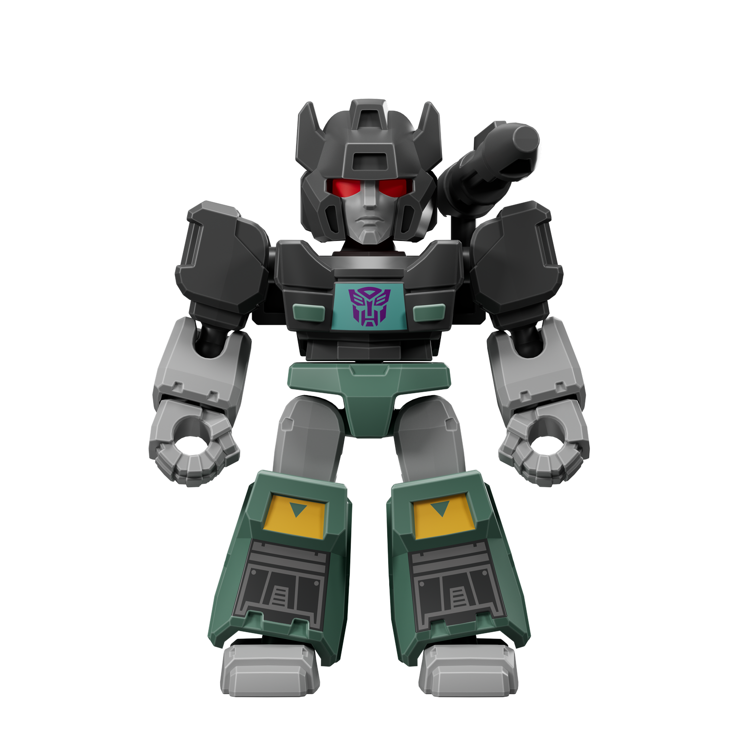 Un robot gris y verde con ojos rojos y un logo morado de Autobot en el pecho.