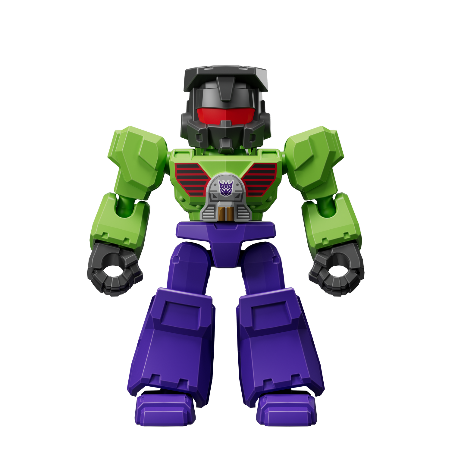 Un robot verde y morado con ojos rojos y el símbolo Decepticon.