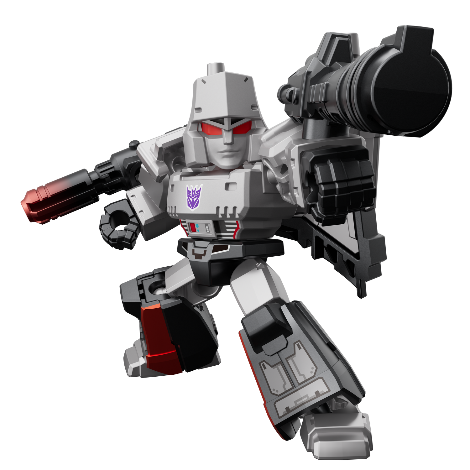 Robot gris Megatron con ojos rojos y armas, sobre fondo negro.