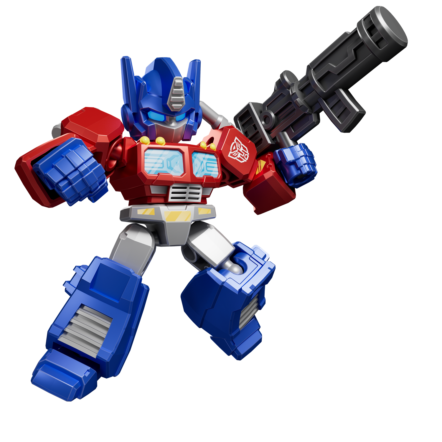 Un robot rojo y azul con un arma se alza sobre fondo negro.