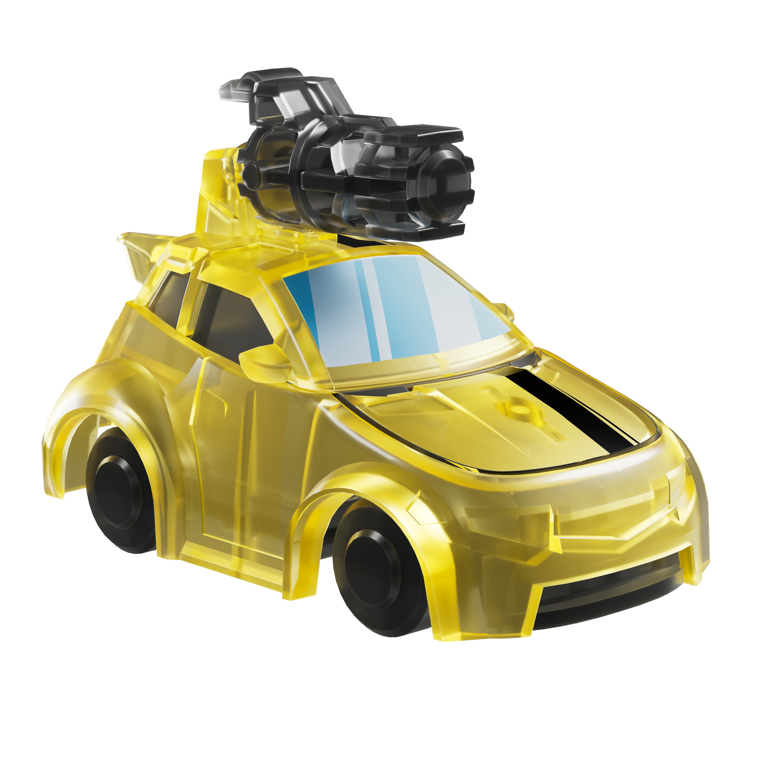 Un coche de juguete de carreras amarillo transparente con un arma negra encima.