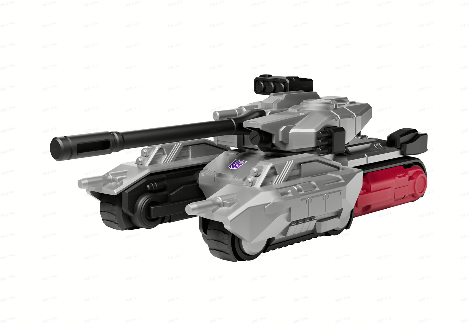 Un tanque de juguete plateado con logo morado de Decepticon y parte trasera roja.