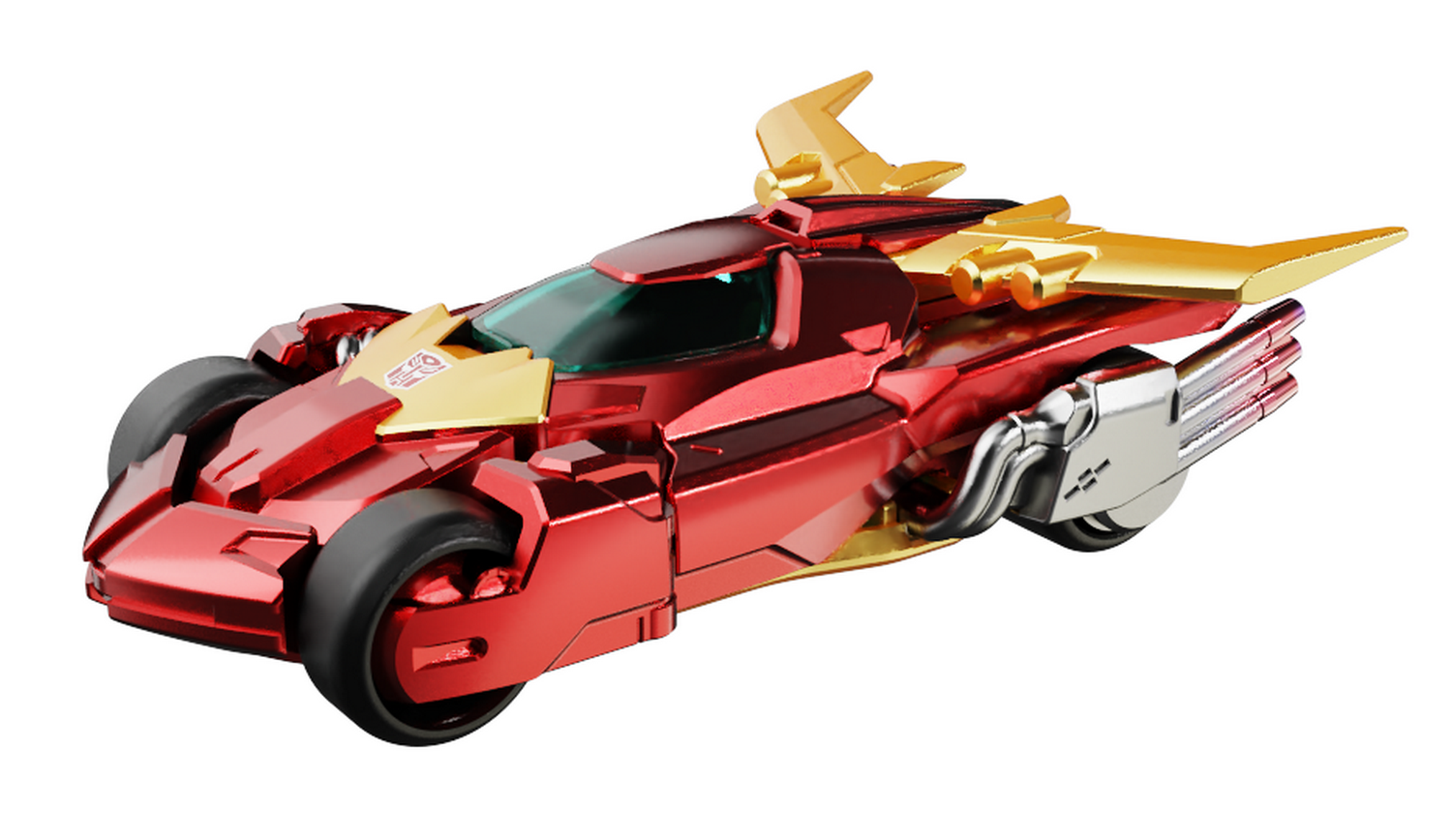 Un coche Transformers rojo y dorado con un diseño elegante y alas.