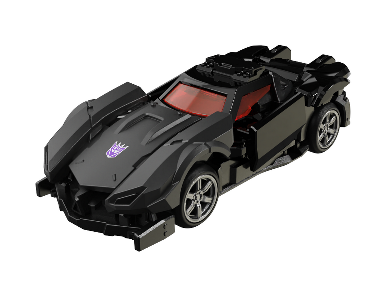 Coche negro de Lego con símbolo púrpura de Autobot y ventanas rojas.