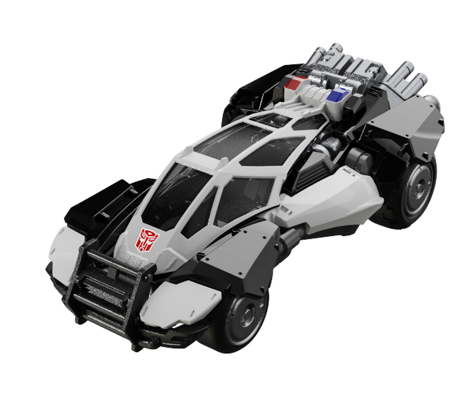 Un coche de policía futurista en gris y negro, con luces azules y rojas.