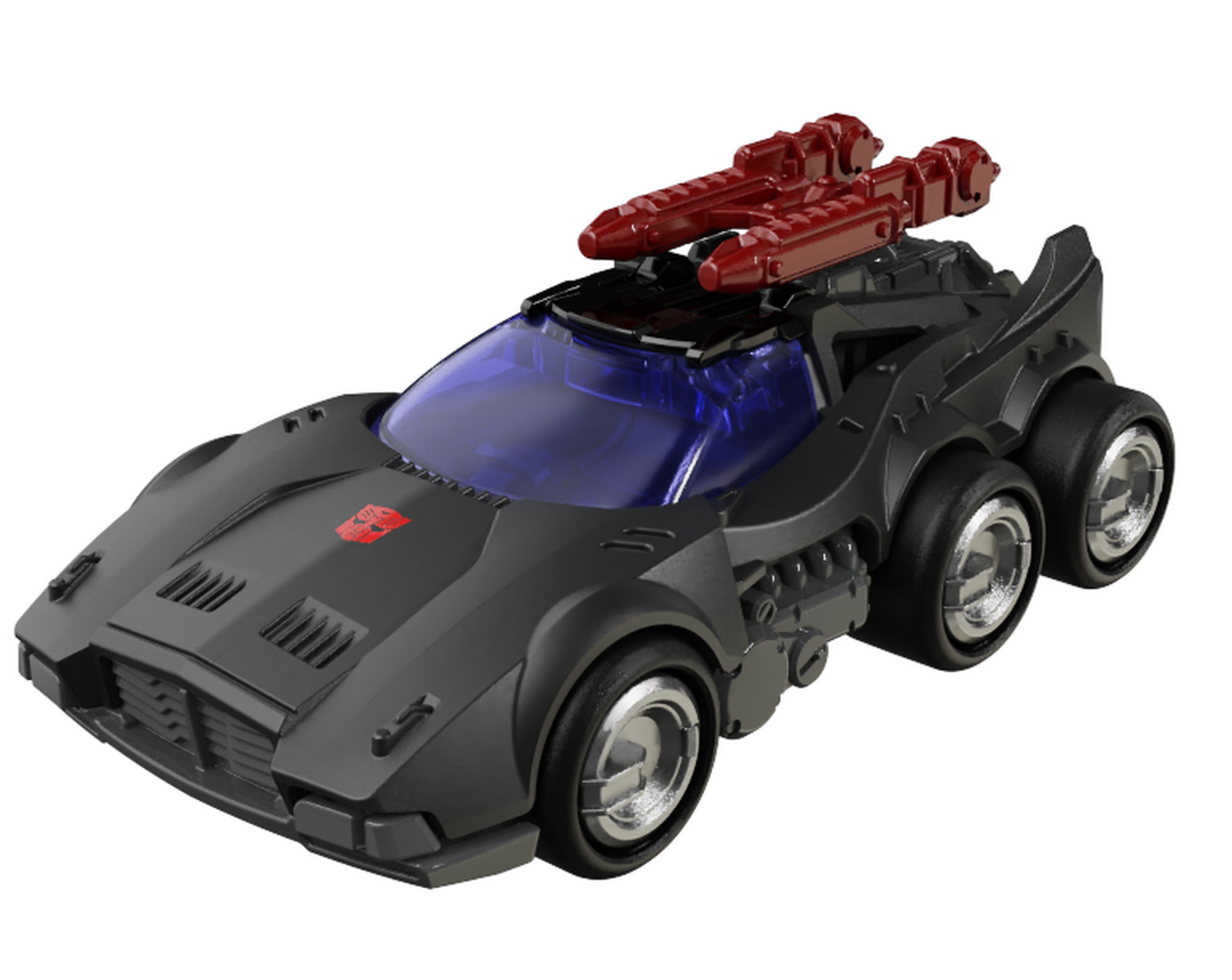 Coche de juguete negro con ventanas azules y cohetes rojos en el techo.