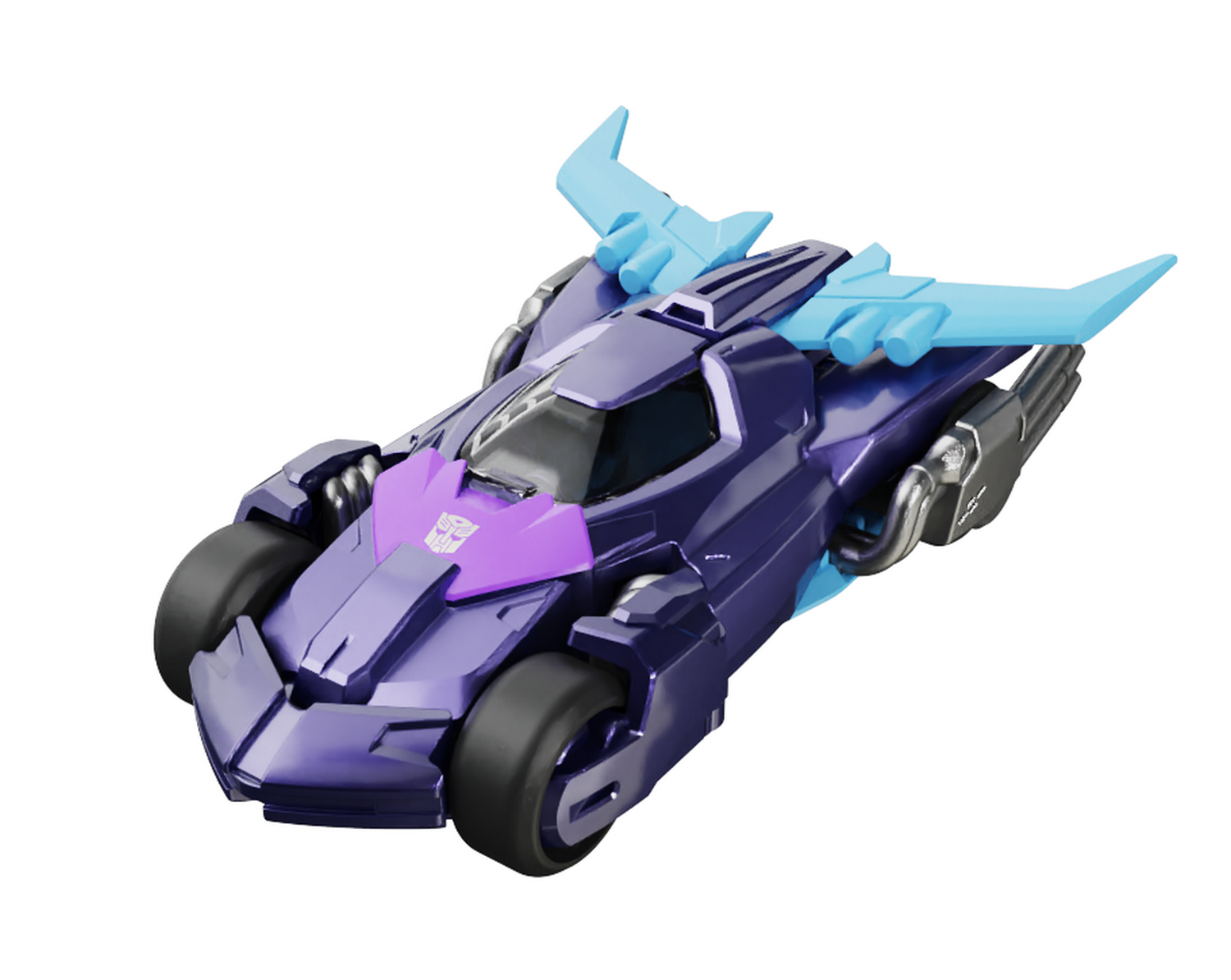 Un Transformer de juguete morado y azul en modo coche con alas.