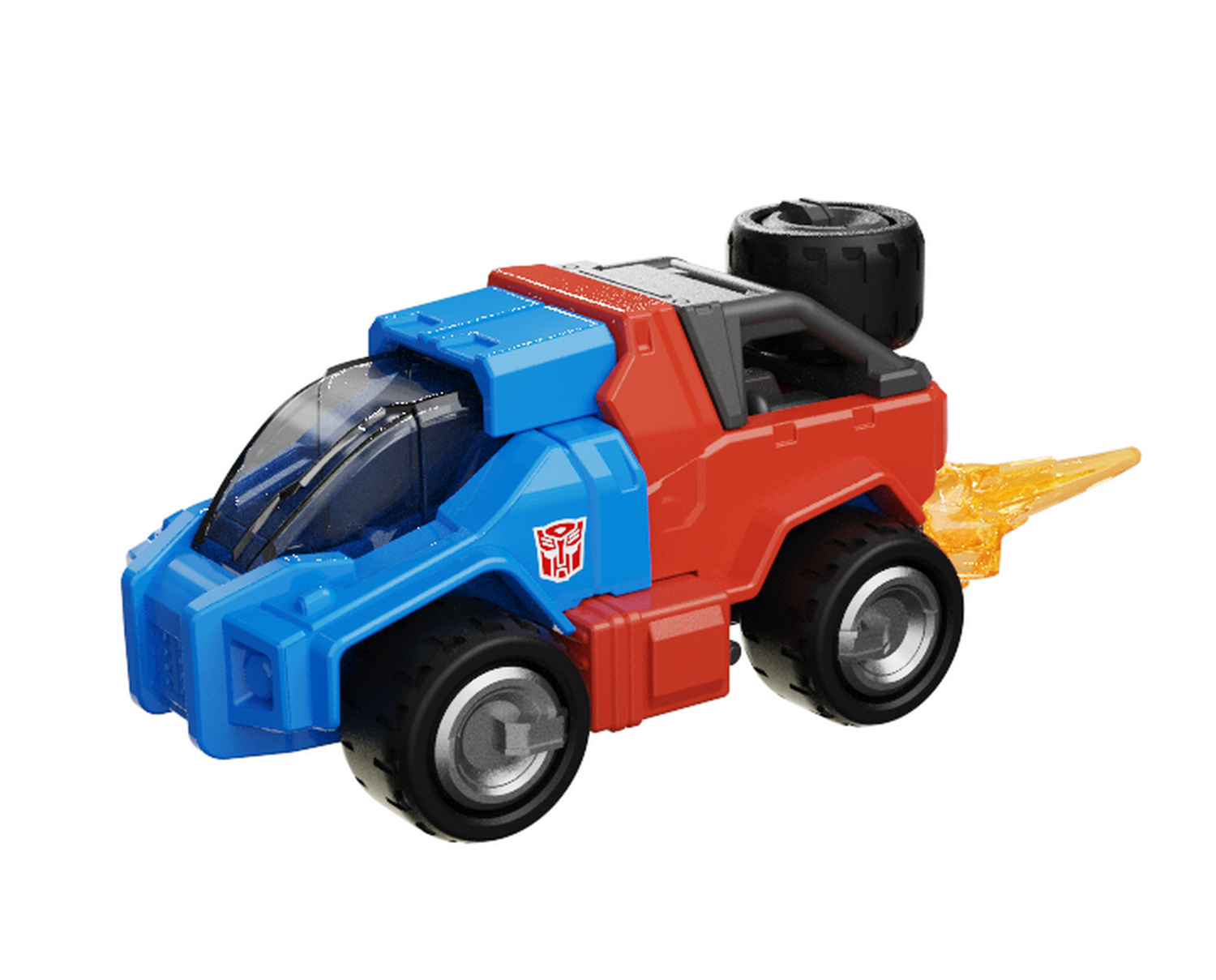 Un camión transformer de juguete azul y rojo con escape de llamas.