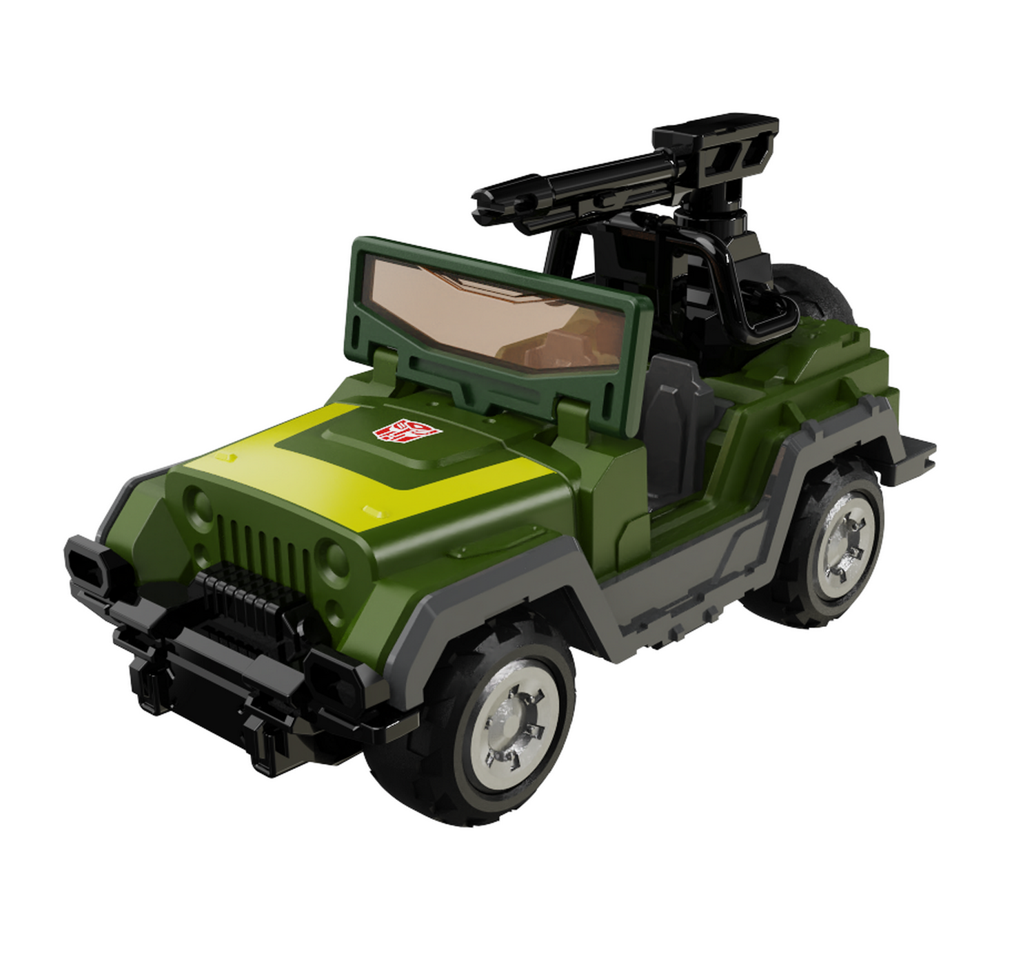 Jeep de juguete verde con franja amarilla y arma negra montada sobre fondo blanco.