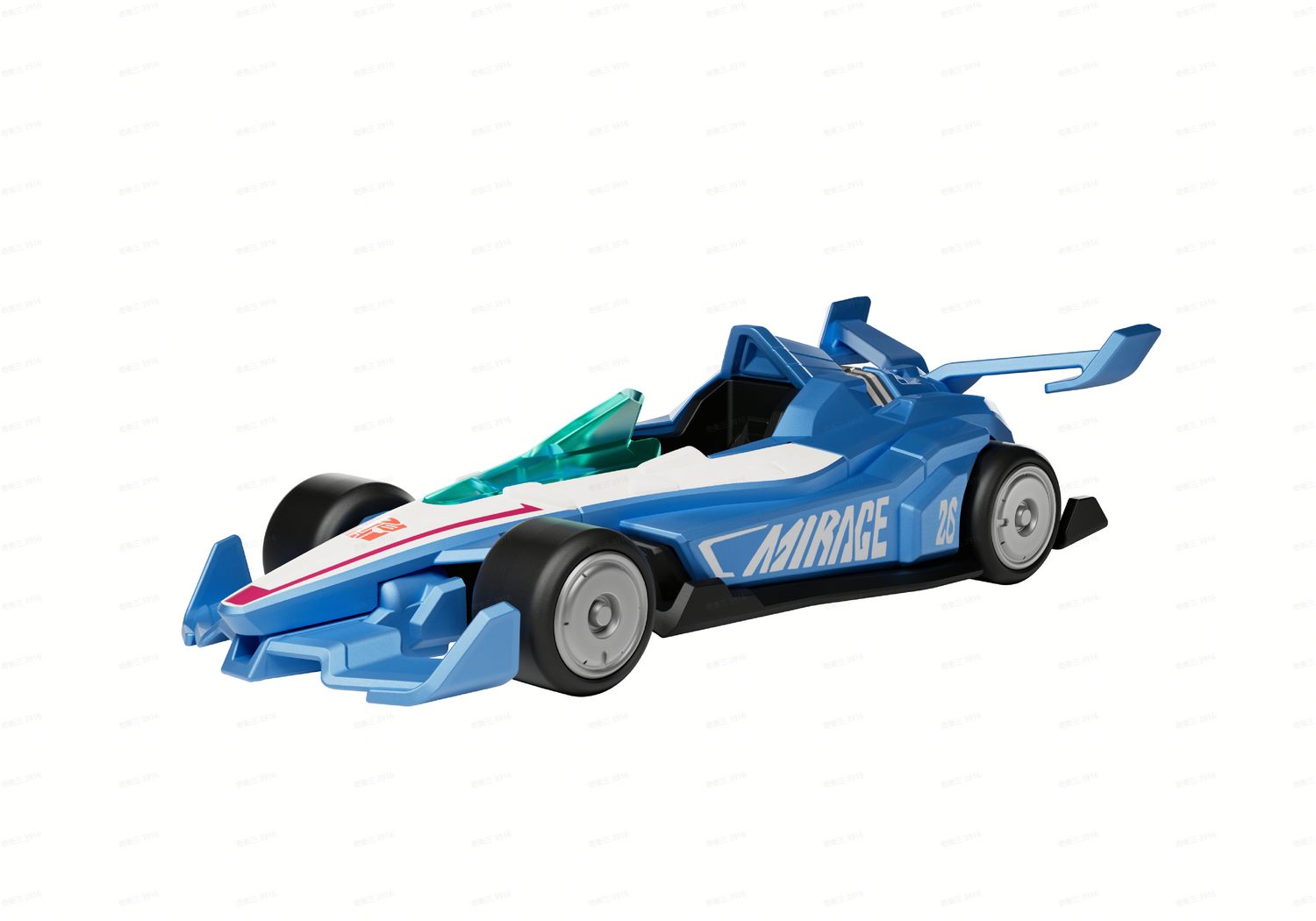 Un coche de carreras azul llamado Mirage con el número 26.