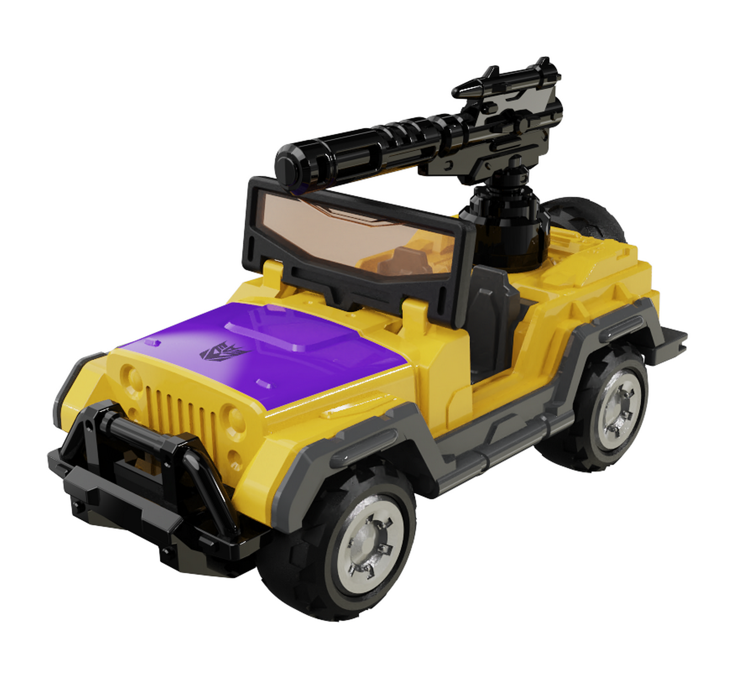 Jeep amarillo con capó morado y arma negra montada.