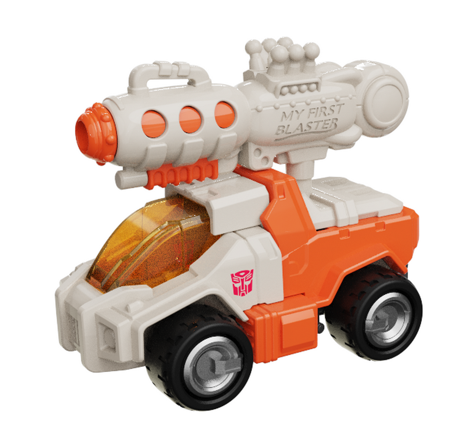 Vehículo de juguete blanco y naranja con un gran lanzador encima. Logo Transformers.